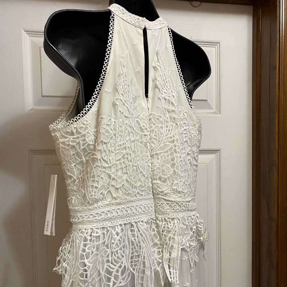 Aqua white lace and eyelet tea length dress.